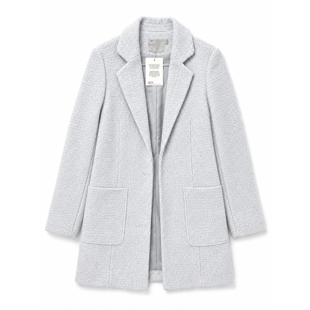 ASOS Women Light Grey Textured Boucle Open Front Coat Jacket Size US 14 NEW